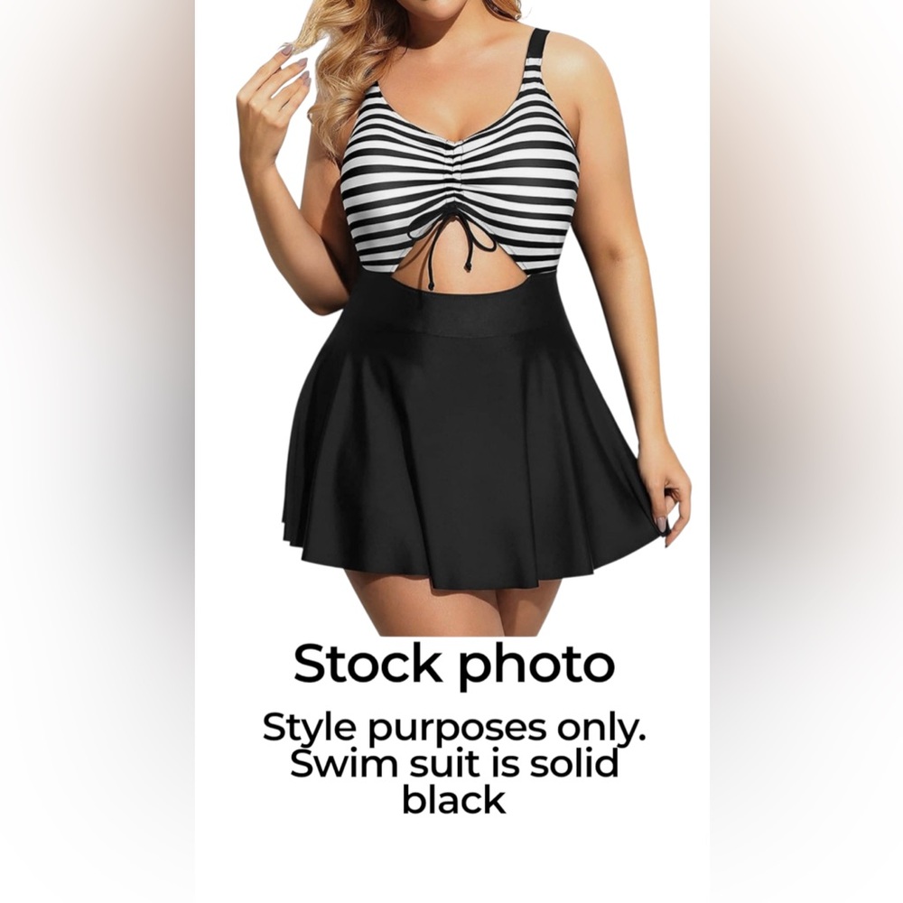 Yonique Women Plus Size One Piece Swimsuit w/ Skirt V Neck Black size 26W (D48)